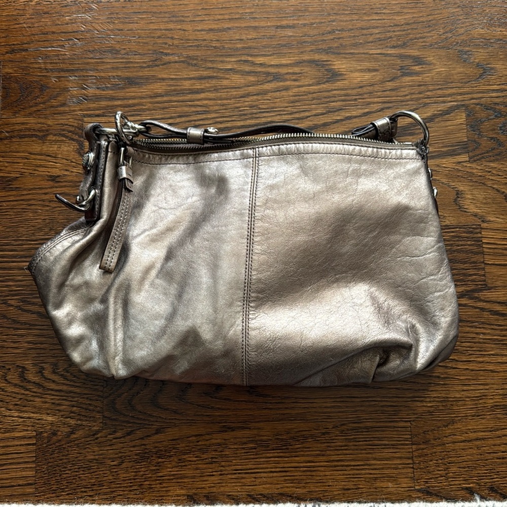 Coach silver metallic long strap zippered purse